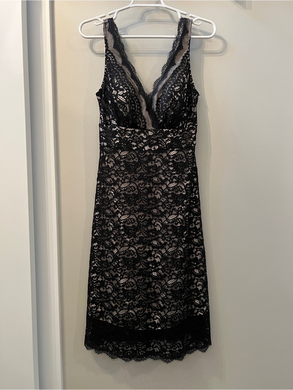 White House Black Market Black Lace Sheath Dress with Nude Lining